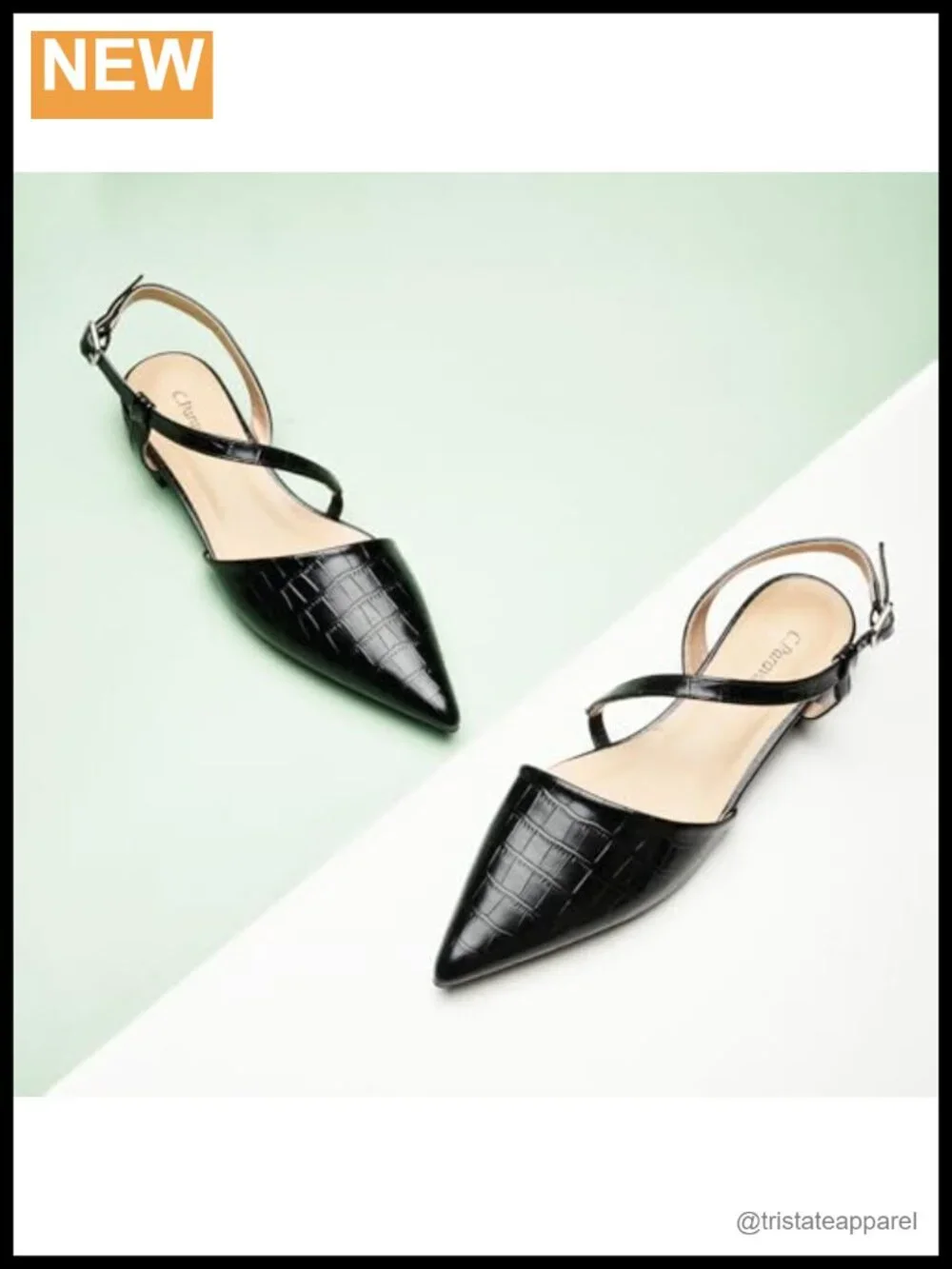 Slingback Flats Pointed Toe Lambskin Insole Block Heel Croc Embossed